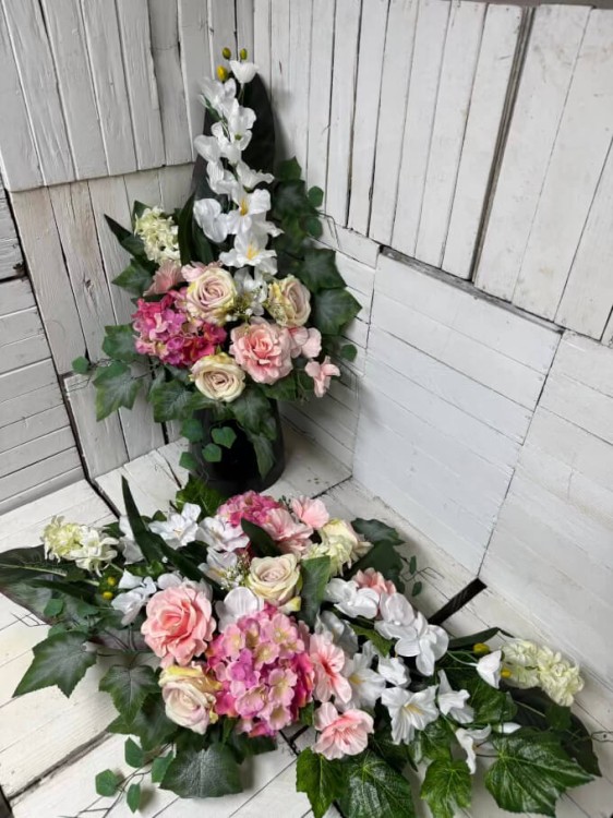 piekna nagrobna duza kompozycja na cmentarz komplet kompozycja na cmentarz stroik i bukiet kwiaty sztuczne komplet nagrobny.jpg