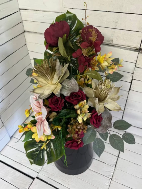 bukiet-wiazanka-do-wazonu-kwiaty na cmentarz-kompozycja-kwiat-pianka-nowosc-ladna-donica-stroik-bukiet-komplet