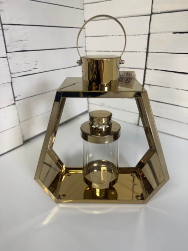 Złoty znicz metalowy w kształcie geometrycznego serca 24 cm