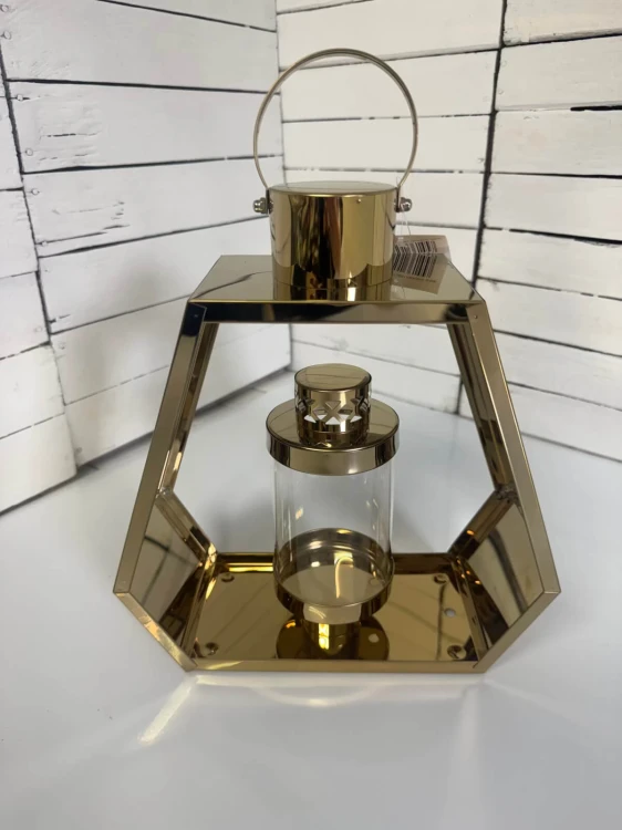 Złoty znicz metalowy w kształcie geometrycznego serca 24 cm